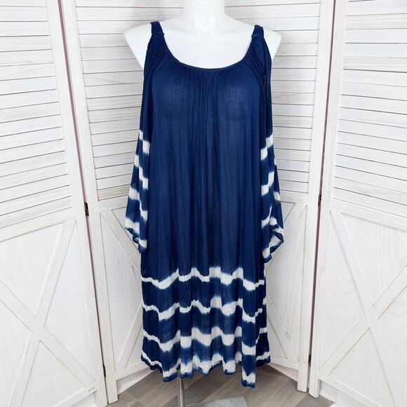 Collections Etc. Tie Dye Stripe Gauze Cold Shoulder Swim Cover Dress Blue XL - Picture 1 of 12